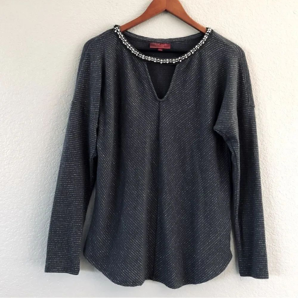 Jennifer Lopez Jewel Embellished Gray Metallic Dressy Sweater Top M
